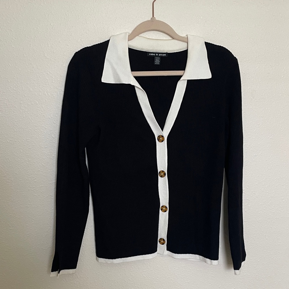 Cable & Gauge Black and White Button-Front Collared Cardigan